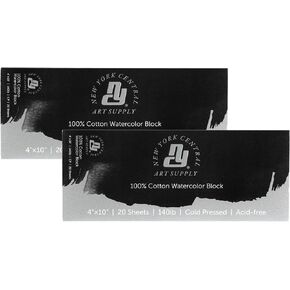 New York Central 100% Cotton Watercolor Paper Blocks 2 Pack 140lb 4x10" - Cold Press Acid-Free Premium Watercolor Paper for Artists, Painting, Water Media, Professionals, & More