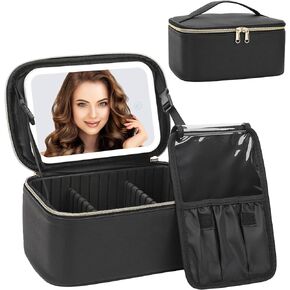 Relavel Makeup Bag with LED Mirror, Travel Cosmetic Bags Small Makeup Train Case Organizer for Women, Make Up Bags with Light Up Vanity Mirror with 3 Color Lights, Adjustable Dividers, Brush Holder