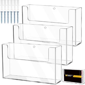 3 Pack Post Card Holder Display Stand 6 x 4 Inch Wall Mount Index Display Clear Acrylic Organizer Small Brochure Hanging Pamphlet Holder for Flyer Magazine File Display