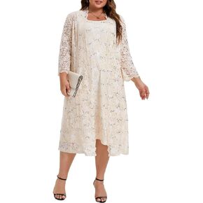 Women's Plus Size Mother of The Bride Dress Jacket Set 2 Piece Lace Sequin Dress Set Wedding Party Dresses
