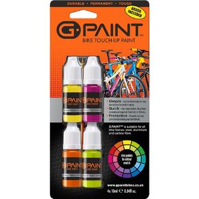 Bike Paint - Touch-Up Paint Kit for Scratched or Chipped Frames - 4 Pack of 10ml Bottles - Yellow/Lime/Orange/Magenta. Mix to Color Match. Includes Applicator Brush
