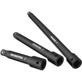 WORKPRO 1/2" Drive Impact Extension Bar Set, 3 PCS Socket Extensions, 3", 6" and 8" Length, Premium Chrome Vanadium Steel with Black Phosphate Finish, Storage Tray Included