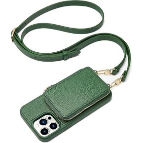 ZVE for iPhone 14 Pro Max Wallet Case for Women, Crossbody Zipper Phone Cover with Card Slots, RFID Blocking Purse with Wrist Strap Compatible with iPhone 14 Pro Max, 6.7"- Dark Green