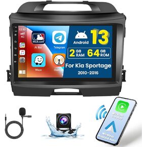 راديو ستيريو للسيارة 2+64G Android 13 CarPlay لكيا سبورتاج 2010-2016، شاشة لمس عالية الدقة 9 بوصة متوافقة مع Android Auto، كاميرا احتياطية AHD، وصلة مرآة، GPS، WiFi، FM RDS