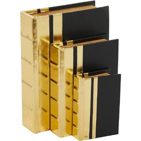 Deco 79 Faux Leather Decorative Box Faux Storage Book Book Shaped Boxes with Metallic Finish, Set of 3 Decorative Keepsake Boxes 12", 9", 7"H, Gold