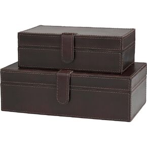 Deco 79 Leather Handmade Decorative Box Storage Decorative Keepsake Boxes with Snap Front Closure and Detailed Stitching, Set of 2 Storage Boxes 10", 8" W, Dark Brown