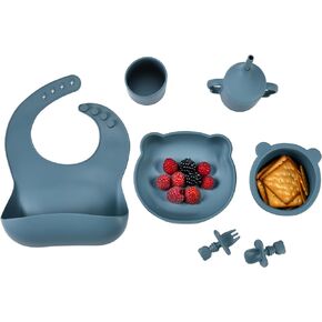 Childlike Behavior Baby Feeding Set - Silicone Baby Feeding Set - Weaning Set of 7 - Self Feeding Baby Plates and Bowls Set - Utensils, Plates, Suction Bowls, Bibs, Spoon - Eating Learning Essentials