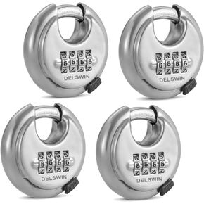 DELSWIN 4 Digit Combination Disc Padlock with Hardened Steel Shackle Outdoor Combo Gate Lock for Sheds, Storage Unit, Garage, Fence, Trailer Tongue (4 Pcs)