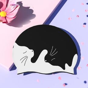 Cute Kitten Print Elastic Waterproof Silicone Swimming Bathing Cap Men Women Cat Swim Pool Hat Beach Surfing Long Hair Swimming Cap Boys Girls Adult Ears Protection Birthday Gift, black