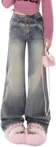 Women Y2K Flared Jeans Baggy Aesthetic High Rise Wide Leg Pants 90S Vintage Streetwear Goth Grunge Bell Bottom. in Saudi Arabia