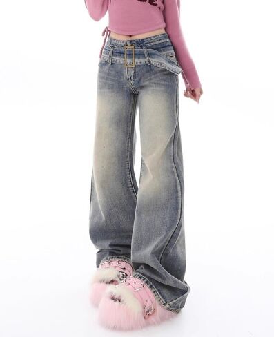 Women Y2K Flared Jeans Baggy Aesthetic High Rise Wide Leg Pants 90S Vintage Streetwear Goth Grunge Bell Bottom. in Saudi Arabia