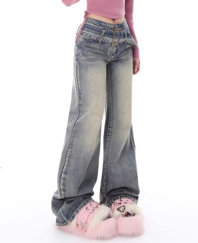 Women Y2K Flared Jeans Baggy Aesthetic High Rise Wide Leg Pants 90S Vintage Streetwear Goth Grunge Bell Bottom. in Saudi Arabia