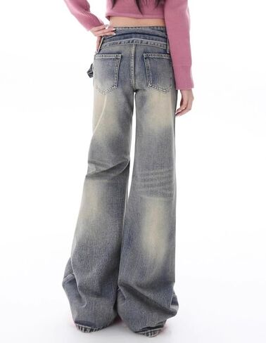 Women Y2K Flared Jeans Baggy Aesthetic High Rise Wide Leg Pants 90S Vintage Streetwear Goth Grunge Bell Bottom. in Saudi Arabia
