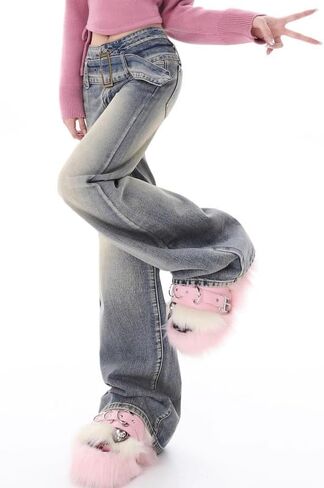 Women Y2K Flared Jeans Baggy Aesthetic High Rise Wide Leg Pants 90S Vintage Streetwear Goth Grunge Bell Bottom. in Saudi Arabia
