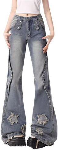 Women Y2K Flared Jeans Baggy Aesthetic High Rise Wide Leg Pants 90S Vintage Streetwear Goth Grunge Bell Bottom. in Saudi Arabia