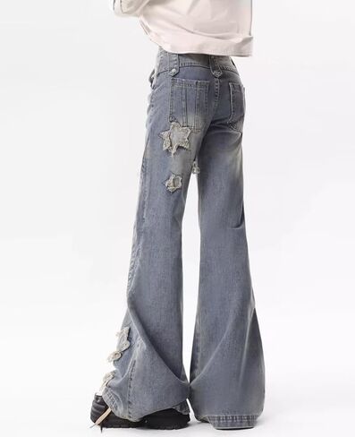 Women Y2K Flared Jeans Baggy Aesthetic High Rise Wide Leg Pants 90S Vintage Streetwear Goth Grunge Bell Bottom. in Saudi Arabia