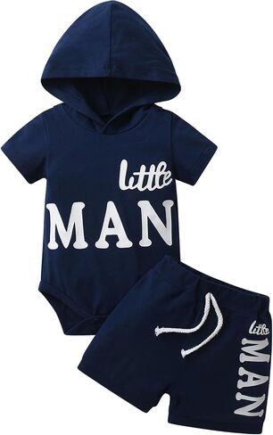 Newborn Infant Baby Boy Clothes Summer Short Sleeve Hooded Letter Print Romper Tops Shorts Outfits Set in Saudi Arabia