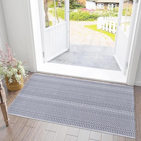 Area Rug 2'x3' Washable Front Door Rug, Gray Cotton Hand-Woven Porch Rug, Small Indoor Outdoor Rugs, Throw Rug Doormat Foldable Layered Door Mats for Entryway Kitchen Bathroom in Saudi Arabia
