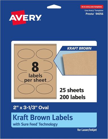 ملصقات Avery Kraft Brown البيضاوية مع تغذية مؤكدة، 2 بوصة × 3-1/3 بوصة، 120 ملصق بني كرافت، طباعة إلى الحافة، ملصقات قابلة للطباعة بالليزر/نفث الحبر in Saudi Arabia