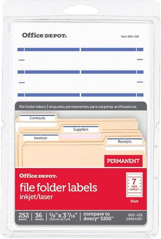 Office Depot Print-Or-Write Color Permanent Inkjet/Laser File Folder Labels, 5/8in x 3 1/2in, Dark Blue, 252 pk, OD98817 in Saudi Arabia