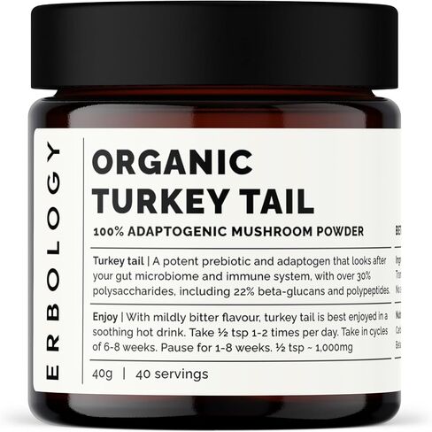 100% Organic Turkey Tail Mushroom Powder 40 Servings - 22% Beta-glucans - Prebiotic and Gut Nourishing - Trametes Versicolor - Sustainably Grown in Europe - Vegan - Non-GMO - No Added Fillers in Saudi Arabia