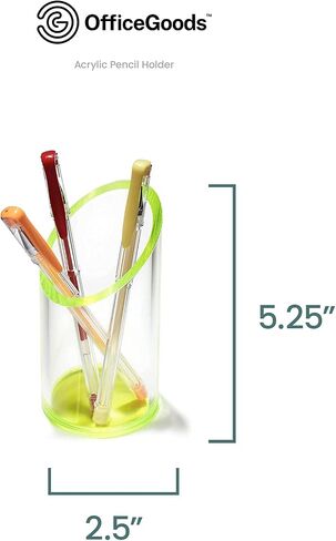 OfficeGoods Acrylic Pen & Pencil Holder - Modern Cylinder Design - Beautiful Desk Organizer for Home or Office - Contrasting Base & Rim - 5.25" H x 2.5" W - Neon Green in Saudi Arabia