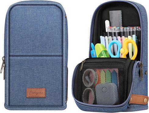 حقيبة قلم رصاص واقفة من FINPAC، حقيبة أقلام ذات سعة كبيرة، قلم متعدد الطبقات وحامل قلم رصاص وحقيبة منظم قرطاسية مع مقبض للرجال والنساء والمكاتب، باللون الأزرق الداكن in Kuwait