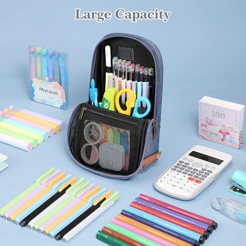 حقيبة قلم رصاص واقفة من FINPAC، حقيبة أقلام ذات سعة كبيرة، قلم متعدد الطبقات وحامل قلم رصاص وحقيبة منظم قرطاسية مع مقبض للرجال والنساء والمكاتب، باللون الأزرق الداكن in Kuwait