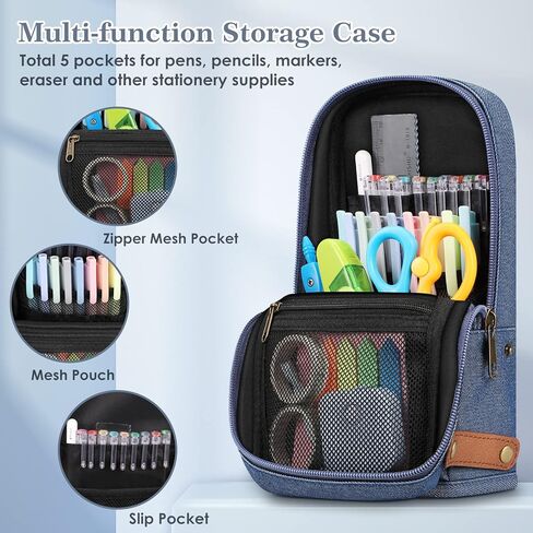 حقيبة قلم رصاص واقفة من FINPAC، حقيبة أقلام ذات سعة كبيرة، قلم متعدد الطبقات وحامل قلم رصاص وحقيبة منظم قرطاسية مع مقبض للرجال والنساء والمكاتب، باللون الأزرق الداكن in Kuwait