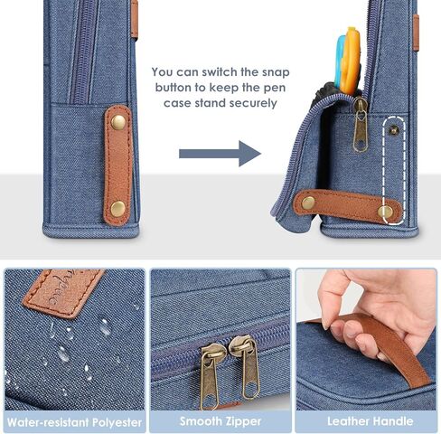 حقيبة قلم رصاص واقفة من FINPAC، حقيبة أقلام ذات سعة كبيرة، قلم متعدد الطبقات وحامل قلم رصاص وحقيبة منظم قرطاسية مع مقبض للرجال والنساء والمكاتب، باللون الأزرق الداكن in Kuwait