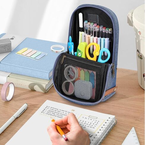 حقيبة قلم رصاص واقفة من FINPAC، حقيبة أقلام ذات سعة كبيرة، قلم متعدد الطبقات وحامل قلم رصاص وحقيبة منظم قرطاسية مع مقبض للرجال والنساء والمكاتب، باللون الأزرق الداكن in Kuwait