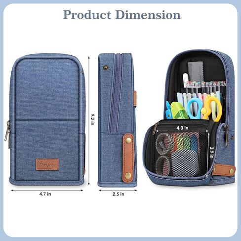 حقيبة قلم رصاص واقفة من FINPAC، حقيبة أقلام ذات سعة كبيرة، قلم متعدد الطبقات وحامل قلم رصاص وحقيبة منظم قرطاسية مع مقبض للرجال والنساء والمكاتب، باللون الأزرق الداكن in Kuwait