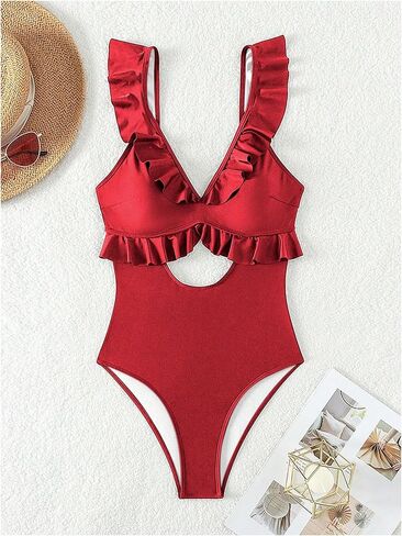 MakeMeChic Women's One Piece Swimsuit Cut Out Ruffle Trim Tummy Control Bathing Suit in Saudi Arabia