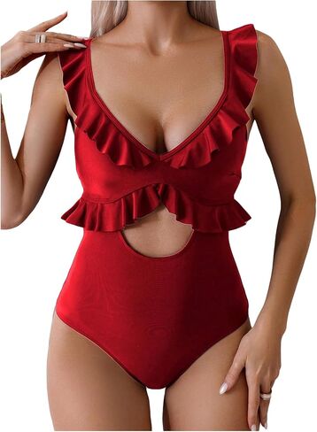 MakeMeChic Women's One Piece Swimsuit Cut Out Ruffle Trim Tummy Control Bathing Suit in Saudi Arabia