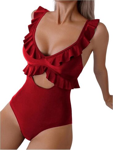 MakeMeChic Women's One Piece Swimsuit Cut Out Ruffle Trim Tummy Control Bathing Suit in Saudi Arabia