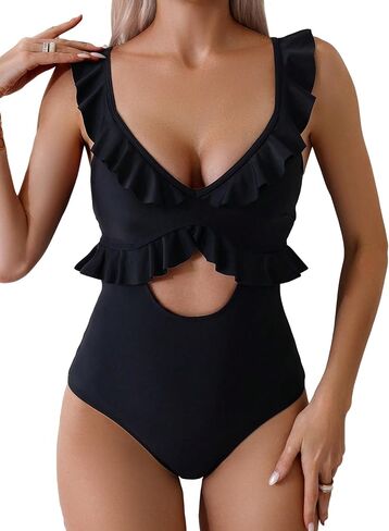 MakeMeChic Women's One Piece Swimsuit Cut Out Ruffle Trim Tummy Control Bathing Suit in Saudi Arabia