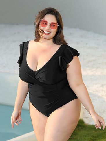 FOREYOND Plus Size Swimsuit for Women Tummy Control One Piece Full Coverage Plus Size Bathing Suit Retro Ruffle Swimwear in Saudi Arabia