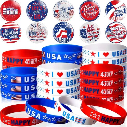 60 Pieces 4th/Fourth of July Party Favors Included 30 Red White Blue Silicone Bracelet USA Flag Rubber Wristband and 30 Button Badges Pins for Independence Day Patriotic Decor School Supplies Gifts in Saudi Arabia