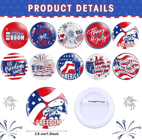 60 Pieces 4th/Fourth of July Party Favors Included 30 Red White Blue Silicone Bracelet USA Flag Rubber Wristband and 30 Button Badges Pins for Independence Day Patriotic Decor School Supplies Gifts in Saudi Arabia