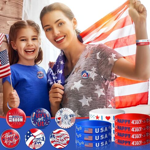 60 Pieces 4th/Fourth of July Party Favors Included 30 Red White Blue Silicone Bracelet USA Flag Rubber Wristband and 30 Button Badges Pins for Independence Day Patriotic Decor School Supplies Gifts in Saudi Arabia