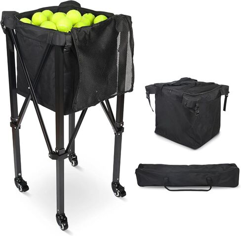 Portable Tennis Ball Hopper with Wheels, 150 Tennis Balls Capacity Tennis Ball Basket with Side Pockets and Carrying Bag, Lightweight Sports Teaching Cart, Suitable for Softball, Pickleball & Baseball in Saudi Arabia