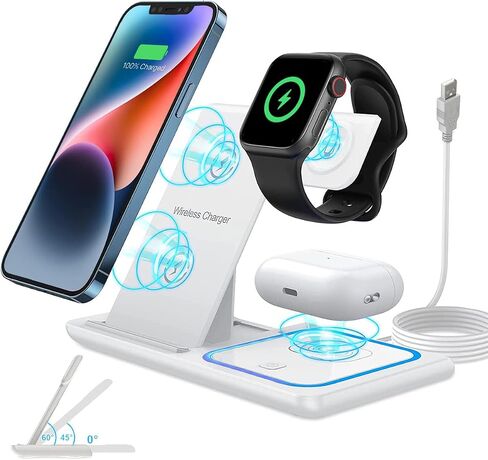 3 in 1 Wireless Charging Station for Apple Products | Qi Wireless Charger Stand | Multiple charger station for Multiple Devices iPhone 11-15, iWatch 2-9, Airpod Pro/3/2, Great Personal Gifts (White) in Saudi Arabia