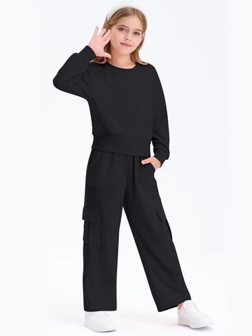 Haloumoning Girls 2 Piece Outfits Kids Fashion Long Sleeve Crop Tops Sweatshirt Wide Leg Cargo Pants Set in Saudi Arabia