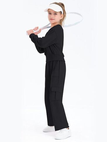 Haloumoning Girls 2 Piece Outfits Kids Fashion Long Sleeve Crop Tops Sweatshirt Wide Leg Cargo Pants Set in Saudi Arabia