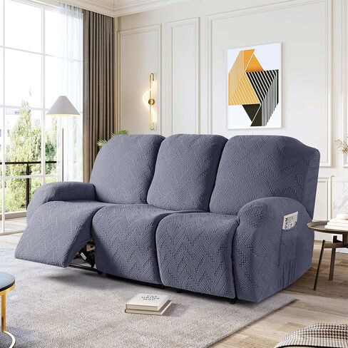 أغطية أريكة قابلة للتمدد مكونة من 3 قطع من أغطية الأريكة القابلة للتمدد لـ 3 مقاعد مع جيوب، أغطية أريكة قابلة للاستلقاء من قماش الجاكار الناعم مع أشرطة مطاطية سفلية، أزرق رمادي in Kuwait