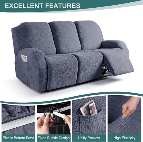 أغطية أريكة قابلة للتمدد مكونة من 3 قطع من أغطية الأريكة القابلة للتمدد لـ 3 مقاعد مع جيوب، أغطية أريكة قابلة للاستلقاء من قماش الجاكار الناعم مع أشرطة مطاطية سفلية، أزرق رمادي in Kuwait