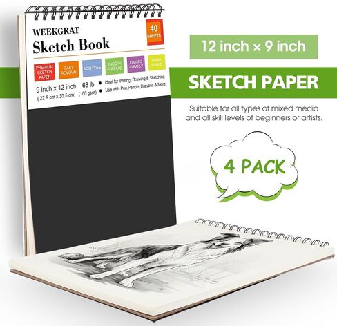 Weekgrat 4 قطع من كتاب رسم الجزء العلوي من لوحة رسم حلزونية مقاس 9 × 12 بوصة لوحة ورق رسم خالية من الأحماض، دفتر رسم فني 40 ورقة (68 رطل/100 جم) كتاب رسم للفنانين والمبتدئين in Saudi Arabia