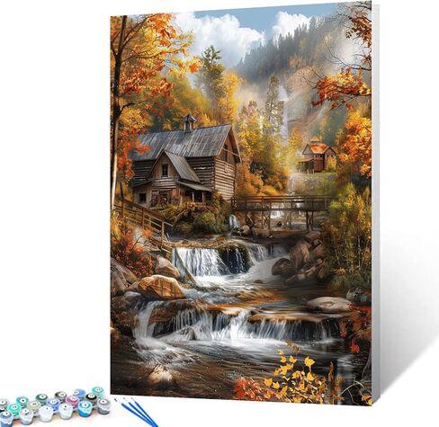 Native American Waterfall Paint by Numbers Kits 16x20 inch Canvas Red Wooden House DIY Oil Painting for Kids, Adults Beginner River with Boat Paintwork with Brushes Home Decor Boho Gift(Frameless) in Saudi Arabia