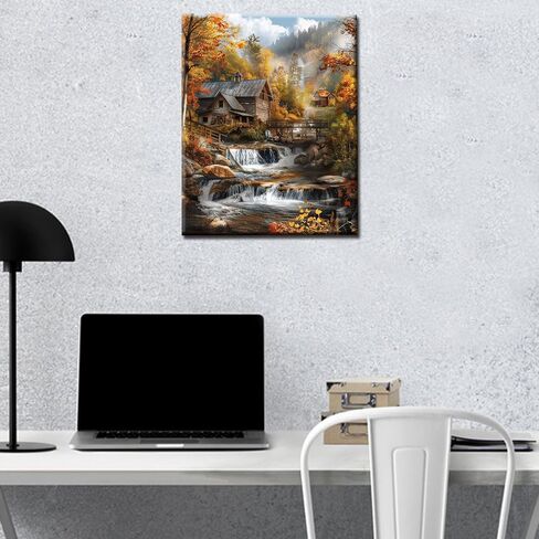 Native American Waterfall Paint by Numbers Kits 16x20 inch Canvas Red Wooden House DIY Oil Painting for Kids, Adults Beginner River with Boat Paintwork with Brushes Home Decor Boho Gift(Frameless) in Saudi Arabia
