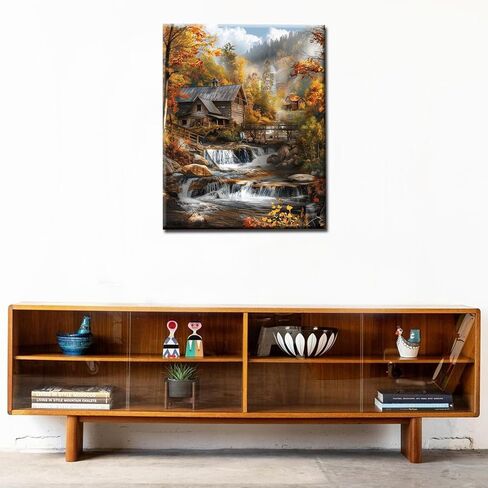 Native American Waterfall Paint by Numbers Kits 16x20 inch Canvas Red Wooden House DIY Oil Painting for Kids, Adults Beginner River with Boat Paintwork with Brushes Home Decor Boho Gift(Frameless) in Saudi Arabia